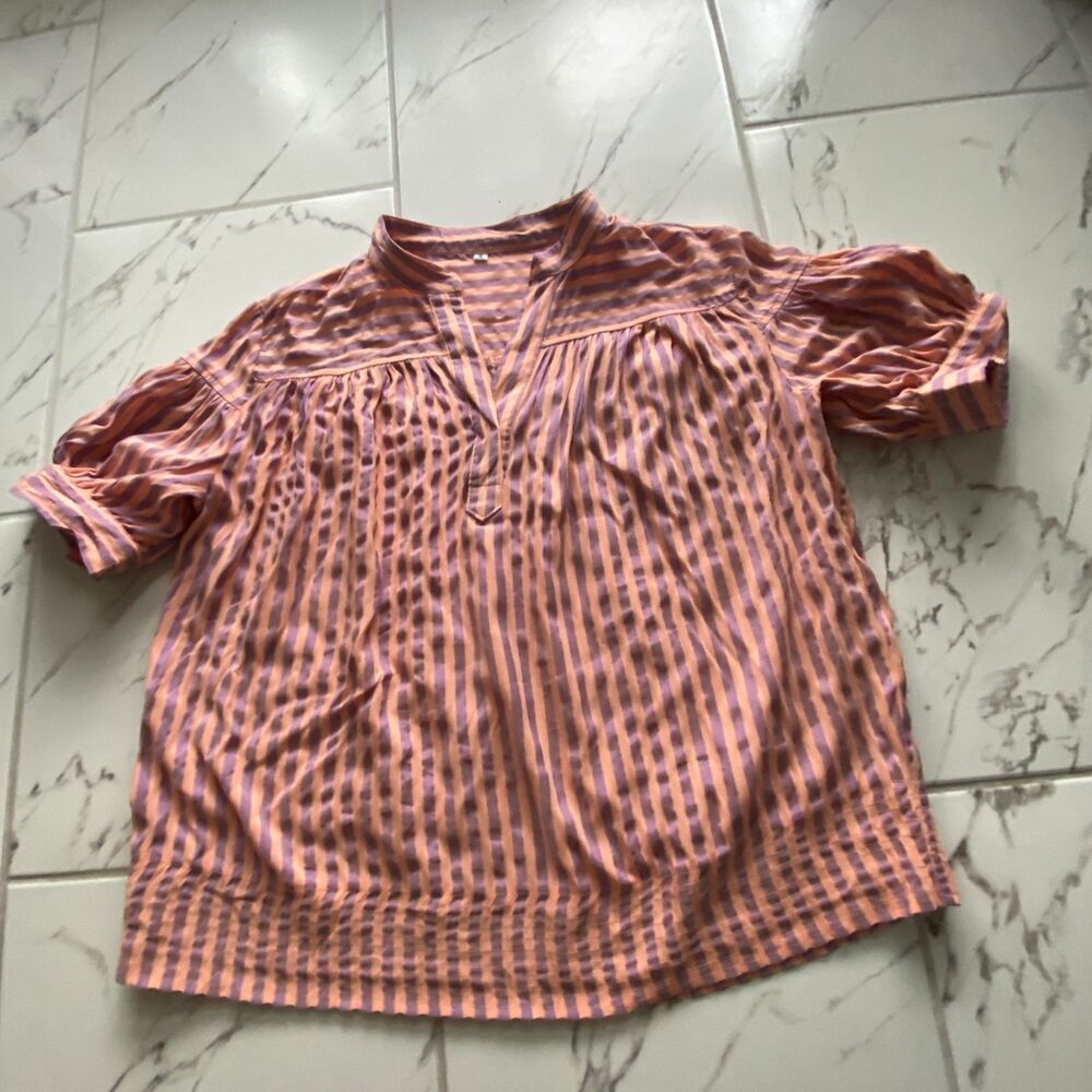 Womens Small Orange Purple Striped Puff Sleeve Split Neck Boho Blouse Top